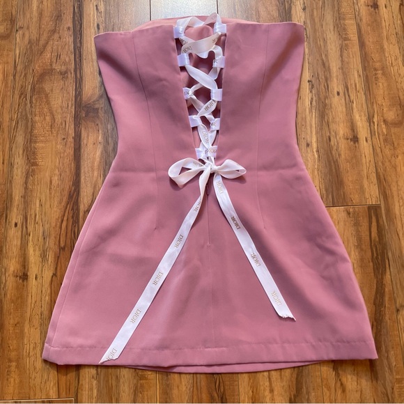 Upcycled Strapless Pink Muave Mini Dress with Dior Ribbon Lace-up Size XS - Picture 7 of 16
